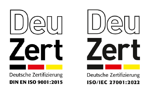 Deutsche Zertifizierung nach DIN EN ISO 9001:2015 und nach ISO/IEC 27001:2022