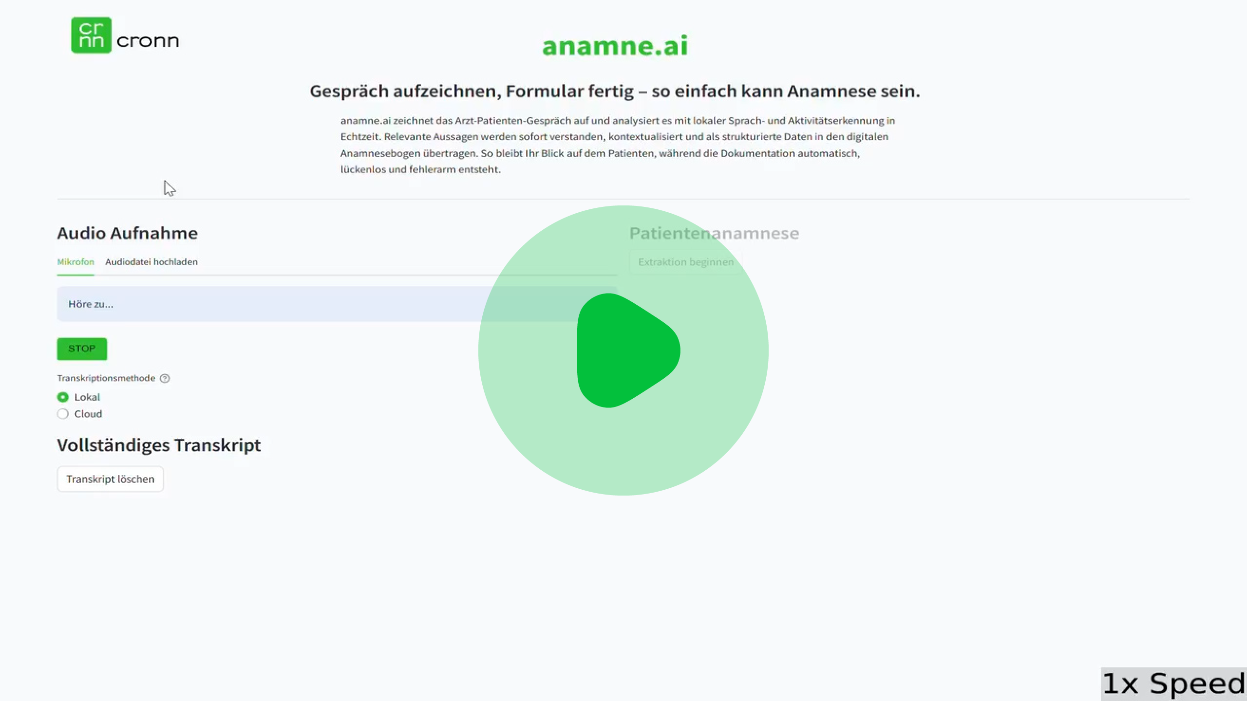 Ansicht der Speech to Anamnese Software